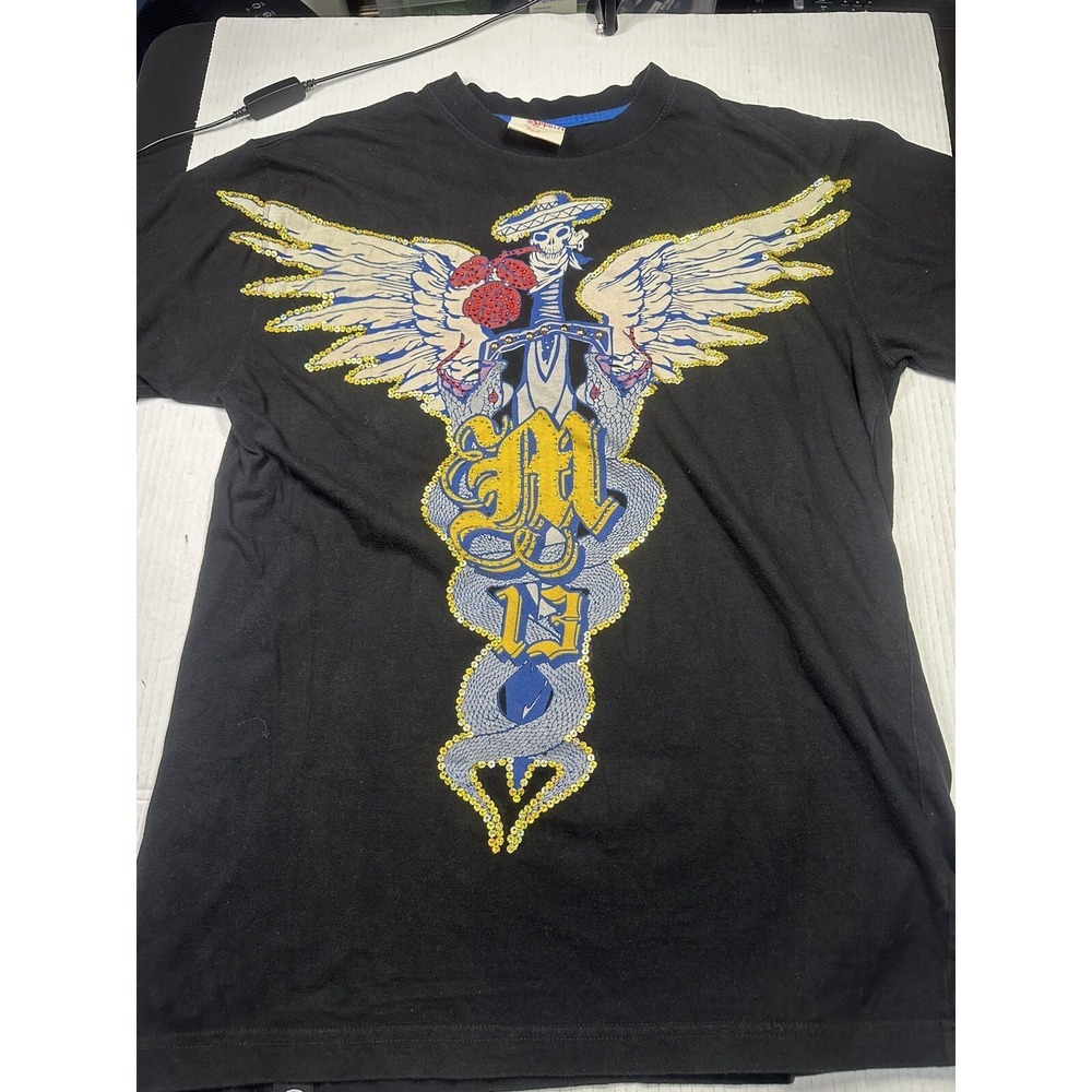 Mens Apparel Mecca outlaw Print T Shirt Winged‎ Skull Snake Rocker Tattoo Black